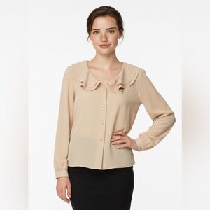 Chic Beige Women's Blouse with Ruffled Neckline